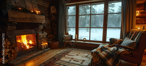 Cozy interior with fireplace and armchair