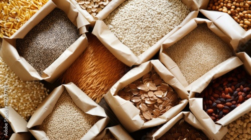 Top view background of paper bags with various types of grains, cereals, legumes, flakes. Agricultural products concepts.