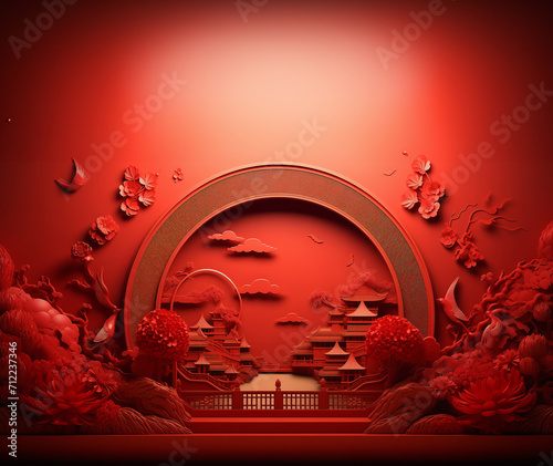 3D red view with Chinese building in the circle, tree and flowers on red background GenerativeAI, chinese style, red town