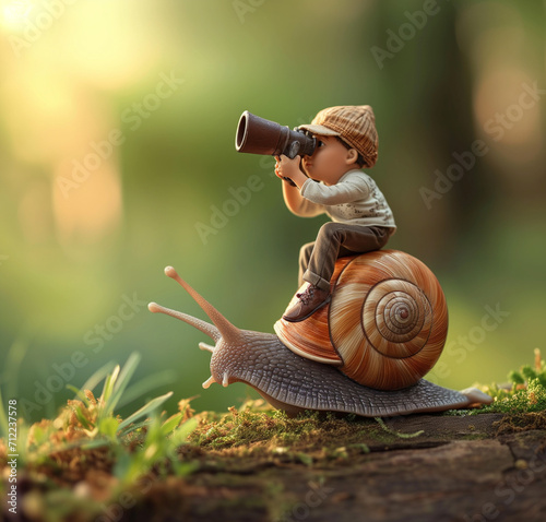 a snail with a child on top, unrealistic,binoculars