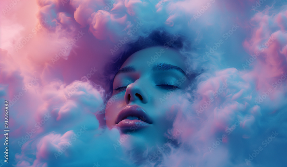 woman floating in clouds with face on cloud, 