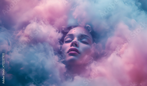 woman floating in clouds with face on cloud, 