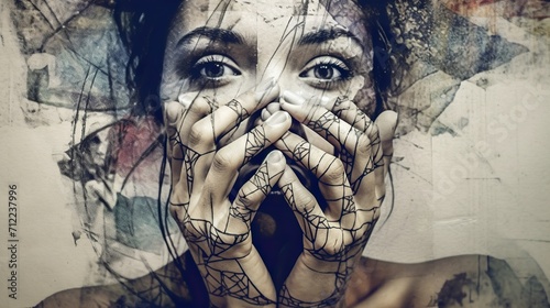 Artistic portrait of a woman with hands covering mouth, overlaid with abstract textures.