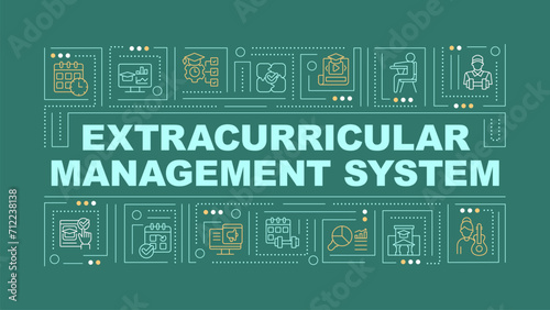 Extracurricular management system text with various simple thin line icons concept on dark green monochromatic background, editable 2D vector illustration.