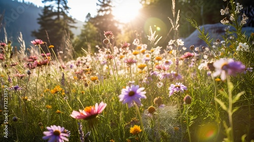 Sunrise over a vibrant wildflower meadow with mountains in the background. © Svfotoroom