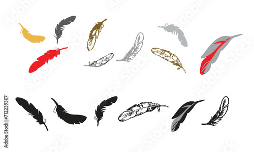 Set of colorful feather in a flat style. Set of bird feather. Pen vector icons. Black quill feather silhouette. Plumelet collection isolated on white background. Feather silhouettes