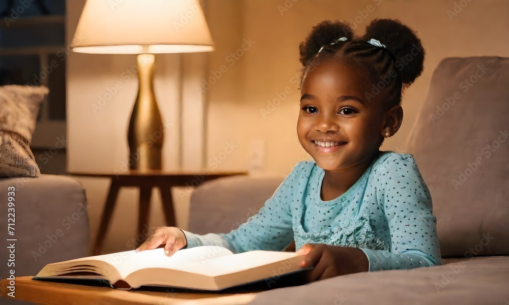 Cute little Afro-American girl in casual clothes reading a book and smiling Cute little Afro-American girl in casual clothes reading a book and smiling