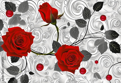 Wallpaper roses with swirls and red dots, in the style of high contrast compositions, realistic yet romantic, glass and ceramics, white and black, precise realism, romantic realism. photo