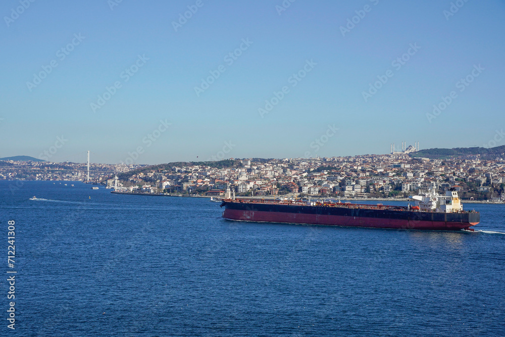 oil tanker ship passing in marmara sea view from topkapi palace istanbul turkey