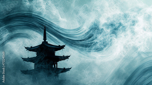 Pagoda Silhouette: Silhouetted pagoda against a canvas of dynamic clouds and swirling wind elements, creating a captivating scene, no background, clouds, wind elements photo