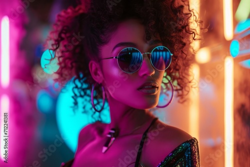 Fashionable young woman with curly hair wearing sunglasses at night, neon lights background.