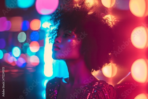 Young woman with afro enjoying nightlife, colorful bokeh lights.