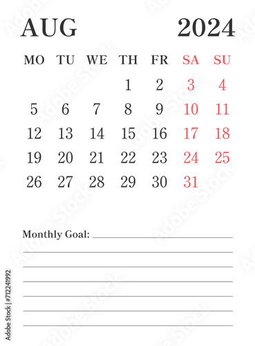 2024 August English calendar with a simple minimalist design in vertical format, good for office desk, business, and personal use