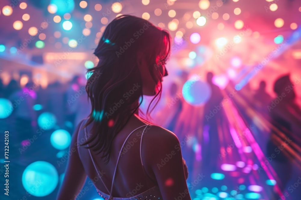Woman enjoying a party with colorful lights and bokeh effect. Woman enjoying a party with colorful lights and bokeh effect.