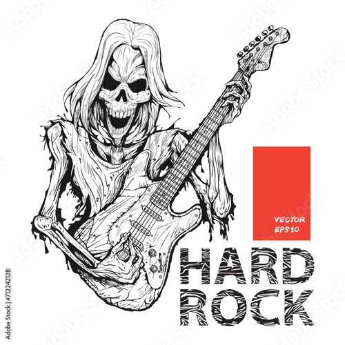 Hand Drawn Of Skeleton Musician Rocker Playing Guitar Images, Illustration, Poster, Postcard, Vector , Tshirt, ceramic. 