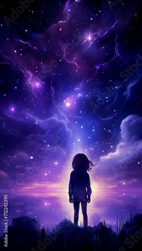 Cute little girl looks at the night sky with galaxies, reflects on the vastness of the universe. Dark background, dark purple colors. Vertical image