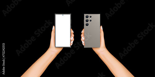 Man or woman realistic hand holding Smartphone and mobile phone. Realistic smartphone with titanium Gray colours. Advertisement template design concept with smartphone isolated on black background.