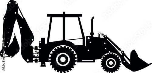Silhouette of Wheel Backhoe Loader Icon in Flat Style. Vector Illustration