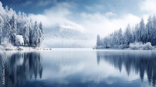 Winter Wonderland, Snowy Forest Beside a Frozen Lake © Misro