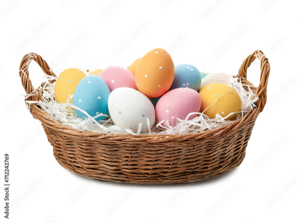 easter eggs in basket on white background,cutout