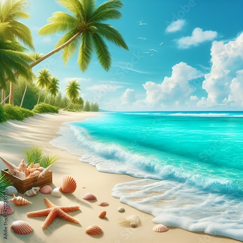 Tropical beach with sea star on sand, summer holiday background. Travel and beach vacation photo
