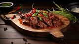 Delicious beef with chili sauce on wooden table. Juicy marbled beef steak for dinner concept. Created with Generative AI