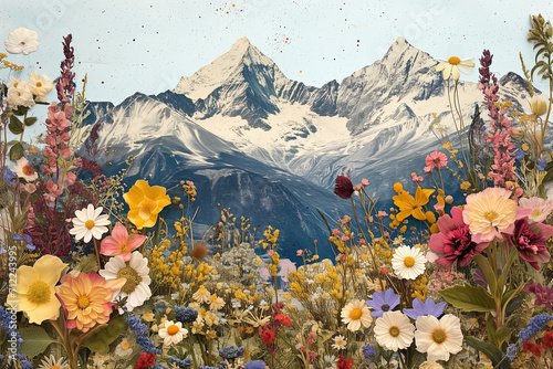 collage of vintage snowy mountain range with cut out flowers 