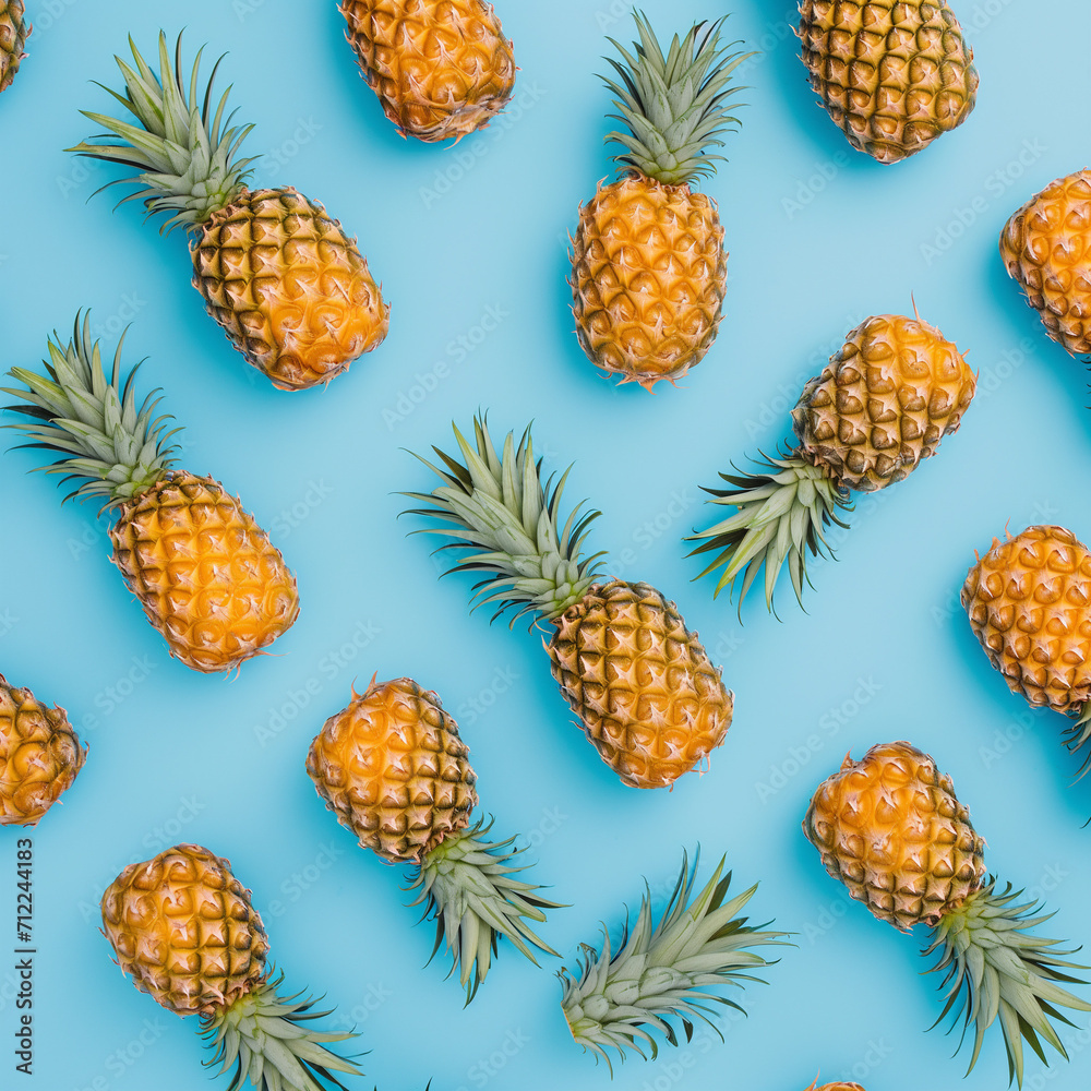 A vibrant and delicious display of nature's bounty, a cluster of ripe pineapples entices with their juicy sweetness against a serene blue backdrop A vibrant and delicious display of nature's bounty, a cluster of ripe pineapples entices with their juicy sweetness against a serene blue backdrop