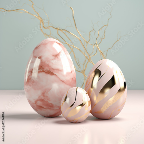 A stunning masterpiece of elegance and opulence, featuring a gathering of eggs adorned in glistening gold and soft pink marble photo