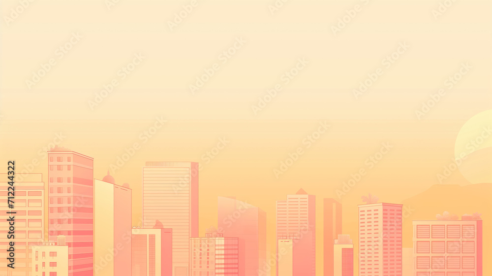 A minimalist cityscape landscape illustration with soft pastel sunset colors. Copy space.