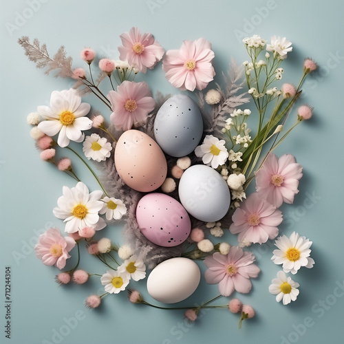 A colorful collection of springtime symbols  featuring delicate flowers and vibrant eggs  evoking the joy and warmth of easter celebrations in an indoor setting