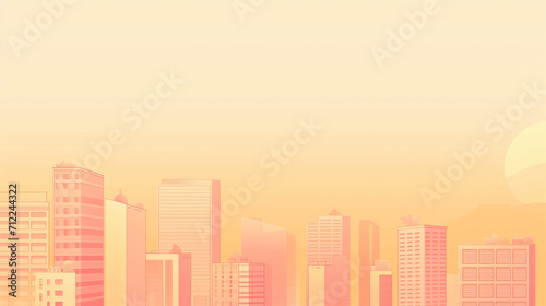 A minimalist cityscape landscape illustration with soft pastel sunset colors. Copy space.