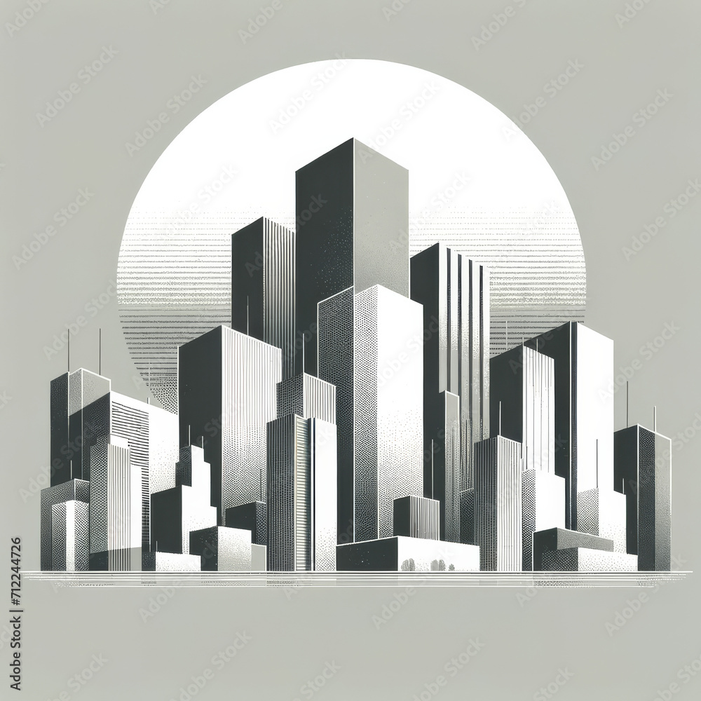 A minimalist cityscape illustration in a monochromatic grey scale. 