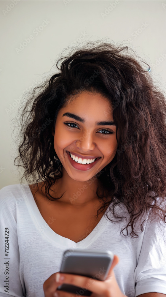 A woman smiles while looking at her cell phone, enjoying connection and communication.