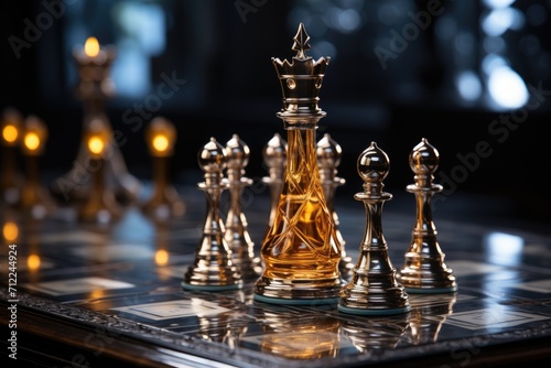 Assortment of chess pieces with dramatic scenery 