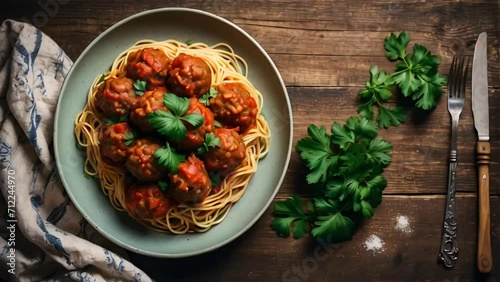 Delicious appetizing meatballs with spaghetti, tomato sauce in the kitchen photo