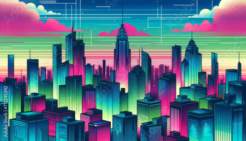Illustration of a cityscape with neon colors and irregular, abstract building shapes. photo