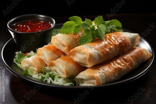 Vietnamese spring rolls with sauce in a plate