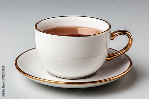 Black tea in a white cup with saucer on white background