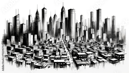 A black and white minimalist cityscape illustration  using line art for building representations.