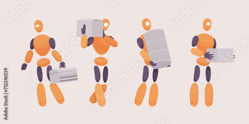 Embodied AI, computer repair technician with object, abstract male figure representing mechanical, electrical, software fixing program, virtual assistant digital body, minimalistic vector illustration