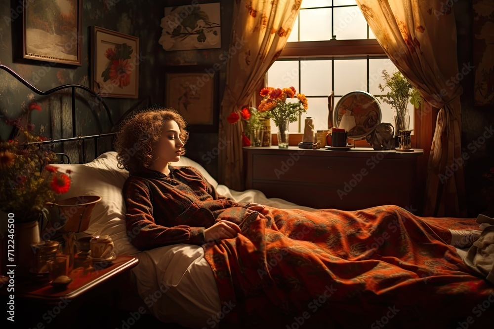 A woman lying in her bed taking rest and sunlight coming in the room from the window
