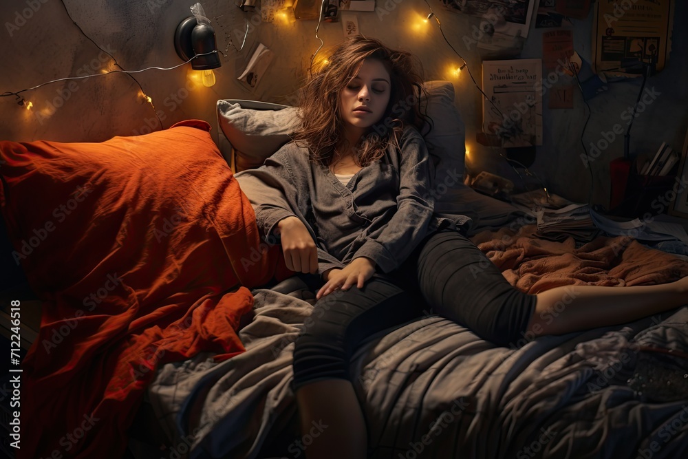 Fototapeta premium A young woman lying in the bed with barely illuminated room