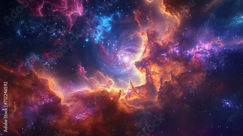 This stock photograph captures the awe-inspiring beauty of a cosmic nebula, brimming with vibrant colors and mysterious forms, as if brought to life by AI Generative artistry.