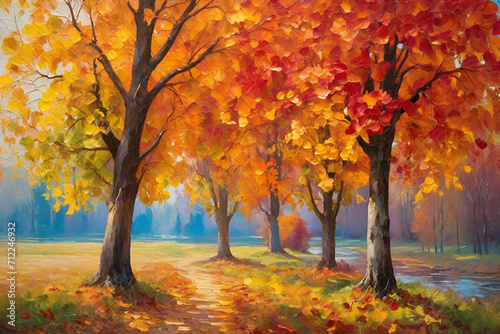Oil painting, colorful autumn trees, impressionism art