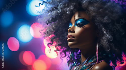 Vivid Nightlife Fashion Portrait, striking fashion portrait of a woman with bold blue makeup, surrounded by the bokeh of city lights at night
