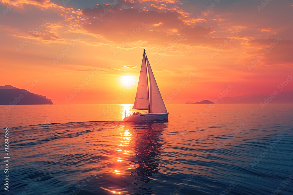 A sailboat on the ocean during sunset, depicting calmness, adventure, freedom, and self-determination