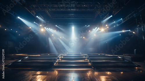 Concert Stage Lights, Empty concert stage dramatically illuminated by beams of light, waiting to welcome the energy of a live performance and an eager audience.