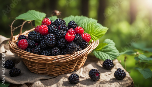 Basket of fresh picked blackberries in sunny forest background. Copy space