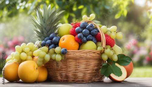 Assorted fruit basket outdoors, garden background. Close up. Copy space